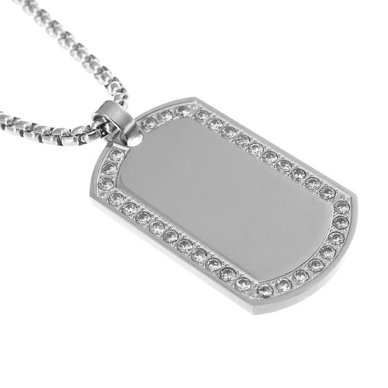 Paris Jewelry 18K White Gold 4CT Created White Sapphire Dog Tage Necklace 24 Inches Plated