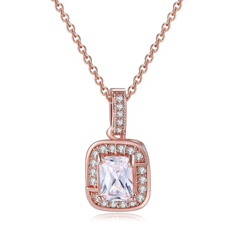 18K Rose Gold Created White Sapphire Princess Halo Pendant Necklace, Earrings and Tennis Bracelet Jewelry Set Plated
