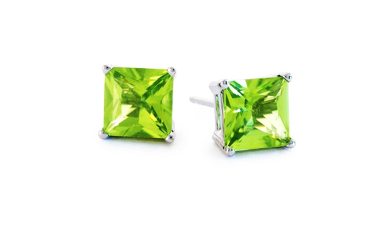 Sterling Silver 1 Carat Princess Peridot Cubic Zirconia Stud Earrings Gold Plated
