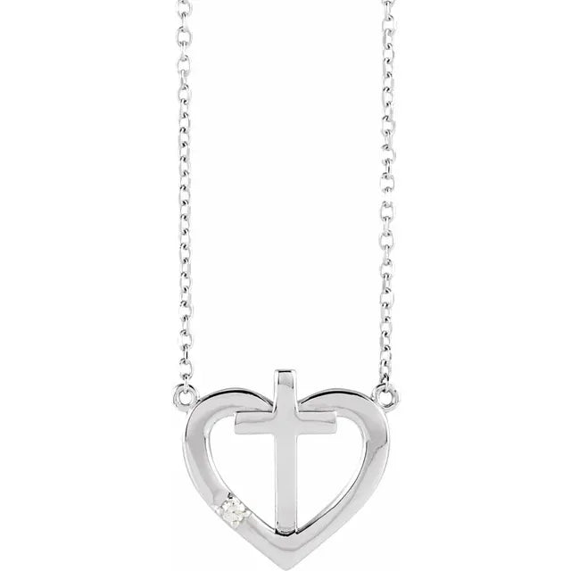14K White Gold .015 CT Natural Diamond Heart & Cross 18" Necklace