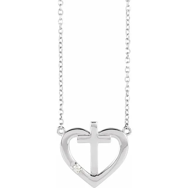 14K White Gold .015 CT Natural Diamond Heart & Cross 18" Necklace