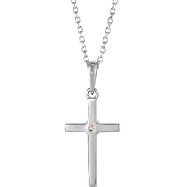 14K White Gold .06 CT Natural Diamond Cross 16-18" Necklace