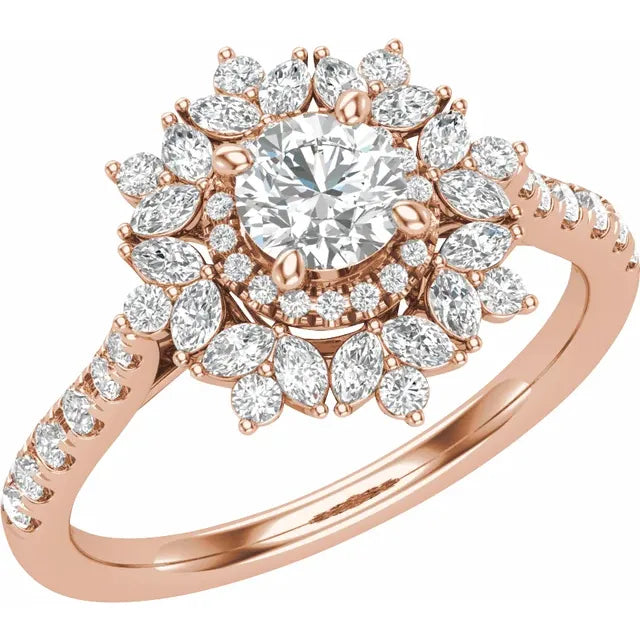14K Rose Gold 5.2 mm Round 7/8 CTW Natural Diamond Semi-Set Engagement Ring