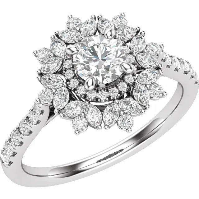 14K White Gold 5.2 mm Round 7/8 CTW Natural Diamond Semi-Set Engagement Ring