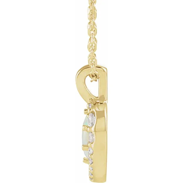 14K Yellow Gold Natural White Opal Cabochon & 1/8 CTW Natural Diamond 16-18" Necklace