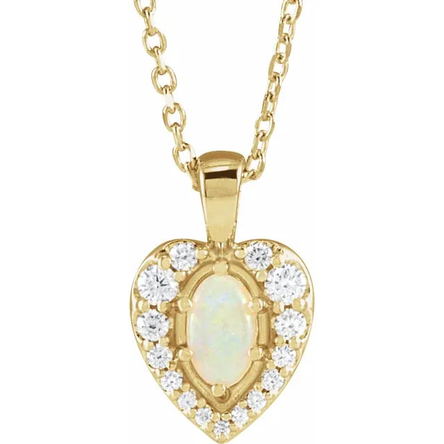 14K Yellow Gold Natural White Opal Cabochon & 1/8 CTW Natural Diamond 16-18" Necklace