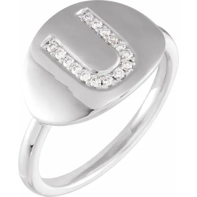 14K White Gold 1/10 CTW Natural Diamond Initial U Ring