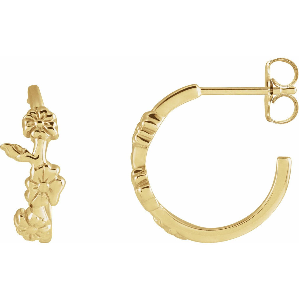 14K Yellow Gold Floral Hoop Earrings