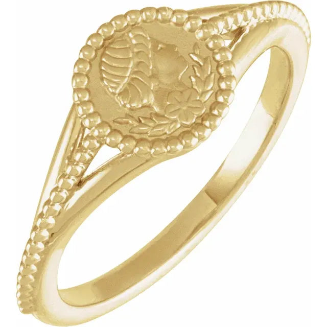 14K Yellow Gold Beaded Cameo Medallion Ring