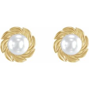 14K Yellow Gold Cultured White Akoya Pearl Leaf Earrings