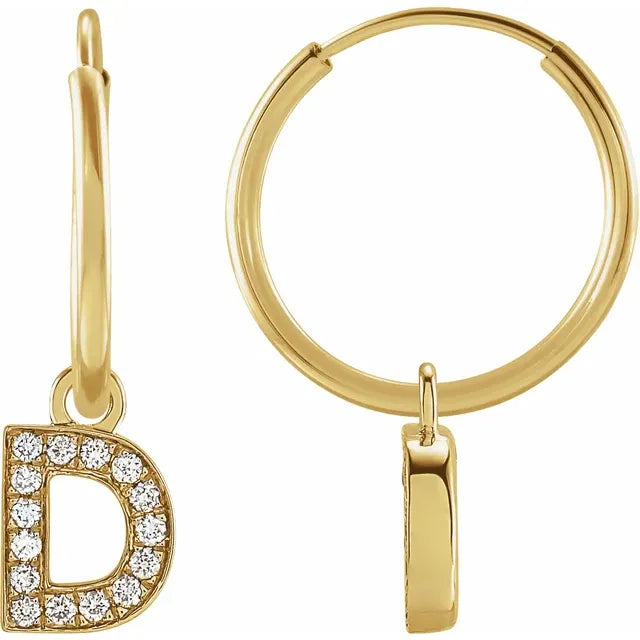 14K Yellow Gold .05 CTW Natural Diamond Single Initial D Hoop Earring