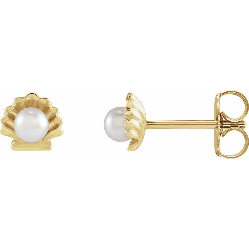 14K Yellow Gold Cultured White Seed Pearl Shell Earrings