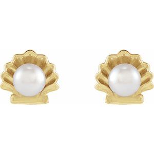 14K Yellow Gold Cultured White Seed Pearl Shell Earrings