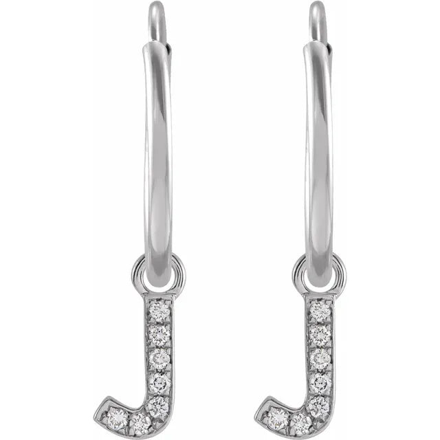14K White Gold .025 CTW Natural Diamond Single Initial J Hoop Earring