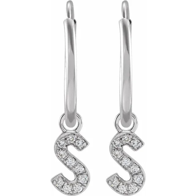 14K White Gold .05 CTW Natural Diamond Single Initial S Hoop Earring