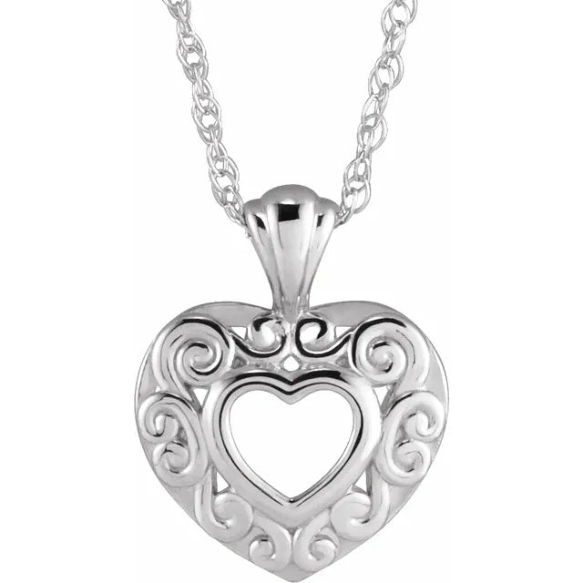 14K White Gold Pierced Heart 14" Necklace