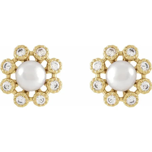 14K White Gold Cultured White Freshwater Pearl & 1/8 CTW Natural Diamond Earrings