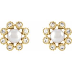 14K Yellow Gold Cultured White Freshwater Pearl & 1/8 CTW Natural Diamond Earrings
