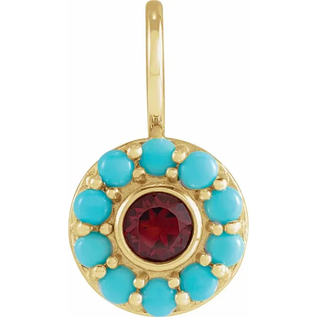14K Yellow Gold Natural Mozambique Garnet & Natural Turquoise Halo-Style Charm/Pendant