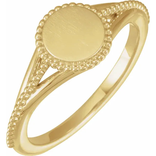 14K Yellow Gold Engravable Beaded Signet Ring