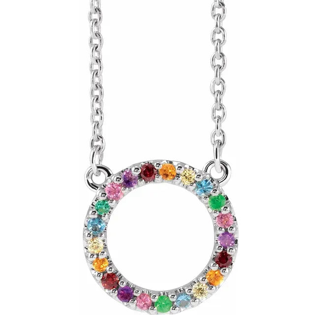 14K White Gold Natural Multi-Gemstone Rainbow Circle 16" Necklace