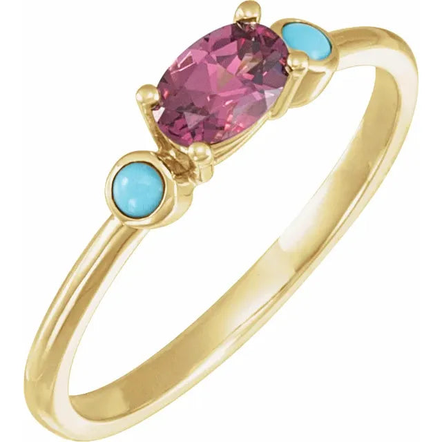 14K Yellow Gold Natural Rhodolite Garnet & Natural Turquoise Ring
