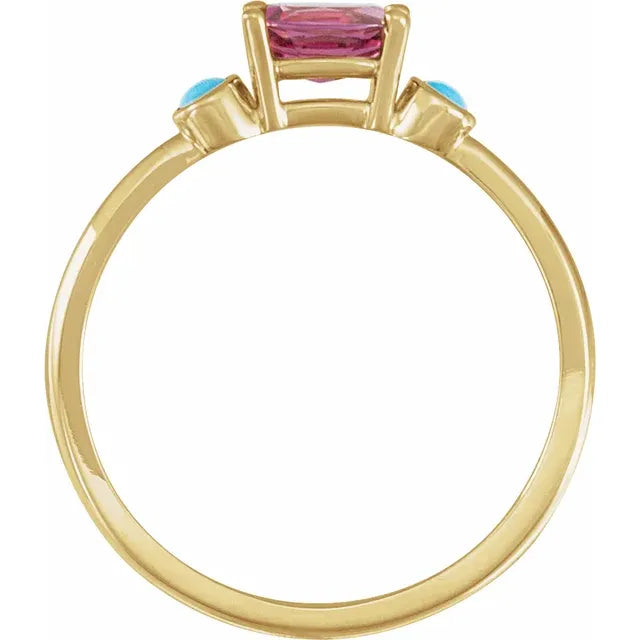 14K Yellow Gold Natural Rhodolite Garnet & Natural Turquoise Ring
