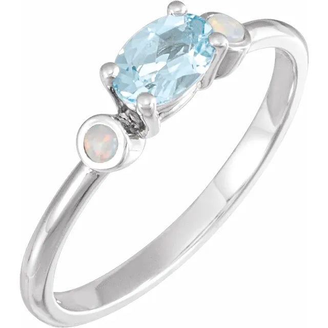 14K White Gold Natural Sky Blue Topaz & Natural White Opal Ring