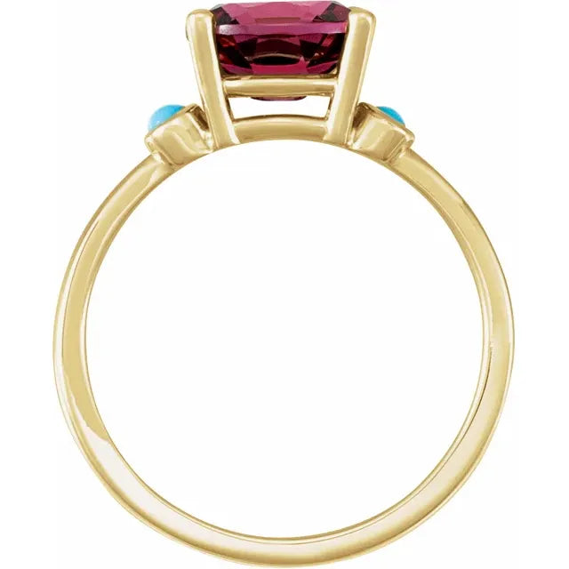 14K Yellow Gold Natural Rhodolite Garnet & Natural Turquoise Ring