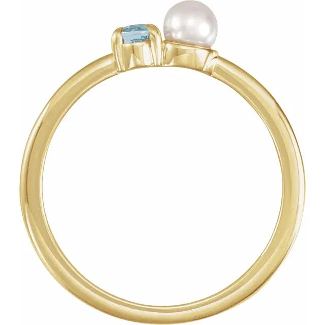 14K White Gold Natural Aquamarine & Cultured White Akoya Pearl Ring