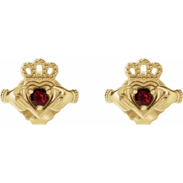 14K Yellow Gold Natural Mozambique Garnet Claddagh Earrings
