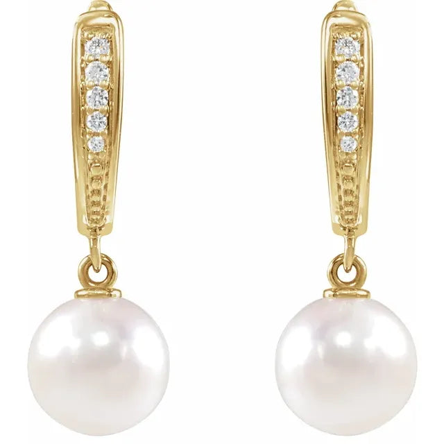 14K Yellow Gold Cultured Akoya Pearl & .03 CTW Natural Diamond Lever Back Earrings
