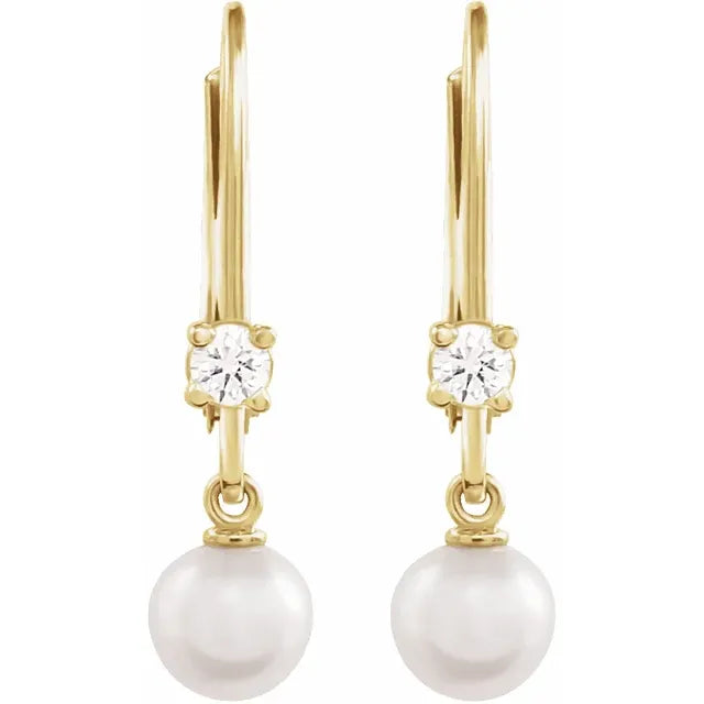 14K Yellow Gold Cultured White Akoya Pearl Lever Back Earrings