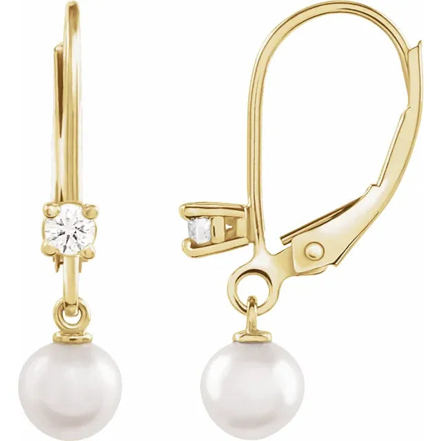 14K Yellow Gold Cultured White Akoya Pearl Lever Back Earrings