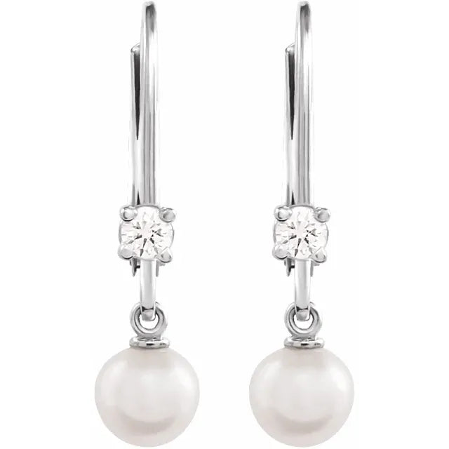14K White Gold Cultured White Akoya Pearl Lever Back Earrings