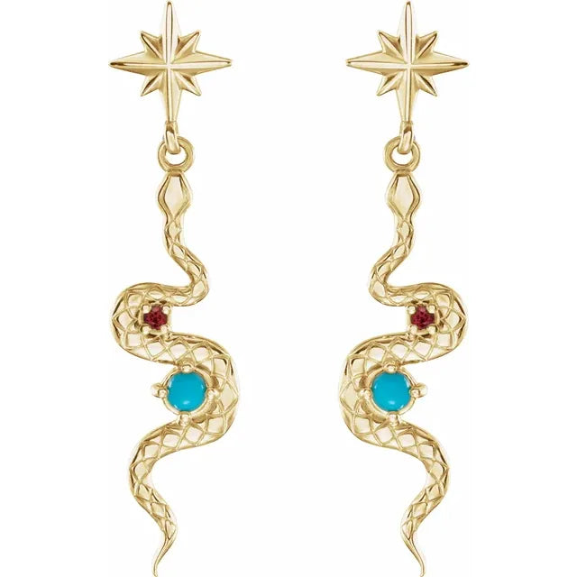 14K Yellow Gold Natural Turquoise & Natural Ruby Snake Earrings
