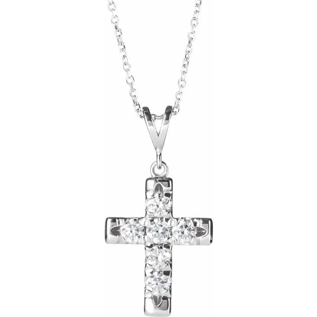 14K White Gold 3/4 CTW Natural Diamond French-Set Cross 16-18" Necklace