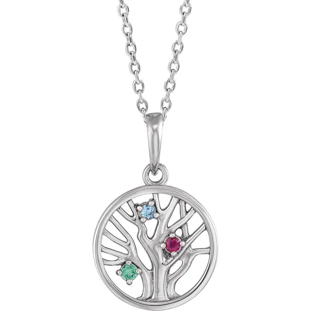 14K White Gold Round 3-Stone Family Tree 16-18" Necklace Mounting