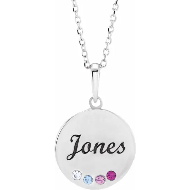 14K White Gold Round 4-Stone Engravable Family Disc 16-18" Necklace Mounting