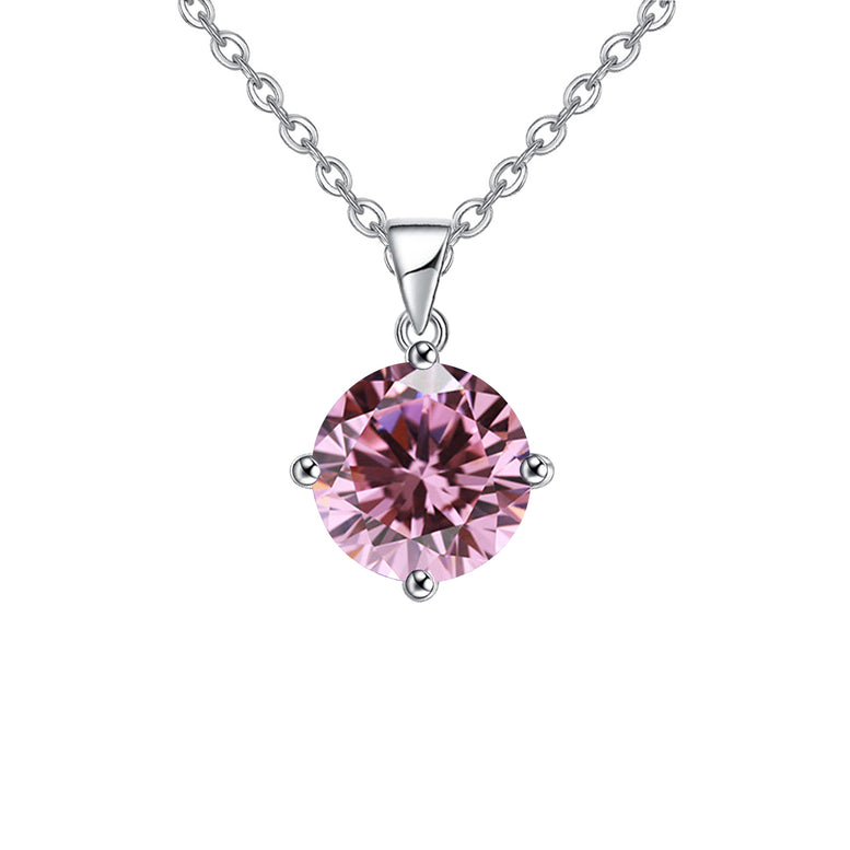 18K White Gold 4 Carat Created Pink Sapphire Round Stud Necklace Plated 18 inch