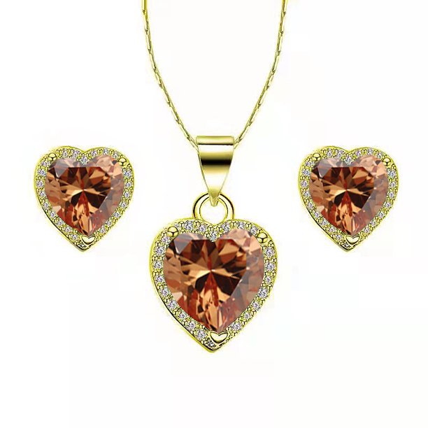 Paris Jewelry 14k Yellow Gold Heart 4Ct Created Tourmaline CZ Full Set Necklace 18 inch Plated