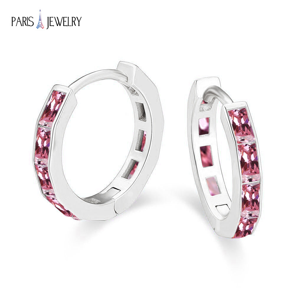Paris Jewelry 18K White Gold Created Pink 3Ct Emerald Cut Huggie Hoop Earrings Plated