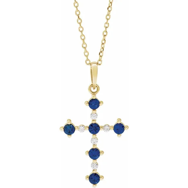 14K Yellow Gold Lab-Grown Blue Sapphire & .07 CTW Natural Diamond Cross 16-18" Necklace