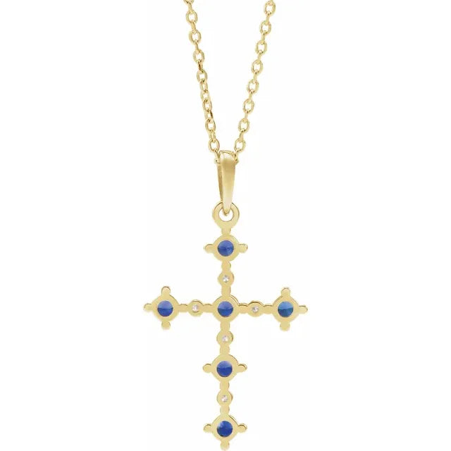 14K Yellow Gold Lab-Grown Blue Sapphire & .07 CTW Natural Diamond Cross 16-18" Necklace