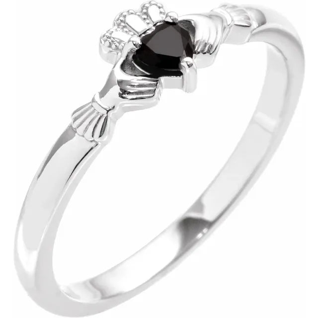 14K White Gold Natural Black Onyx Claddagh Ring