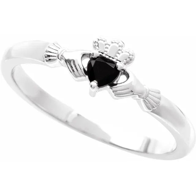 14K White Gold Natural Black Onyx Claddagh Ring