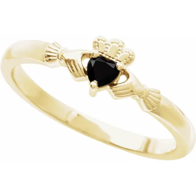 14K Yellow Gold Natural Black Onyx Claddagh Ring