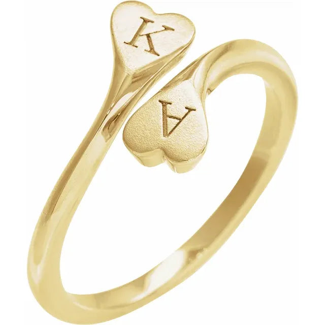 14K Yellow Gold Engravable Double Heart Bypass Ring