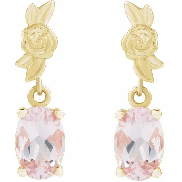 14K Yellow Gold Natural Pink Morganite Floral Earrings