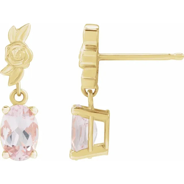 14K Yellow Gold Natural Pink Morganite Floral Earrings